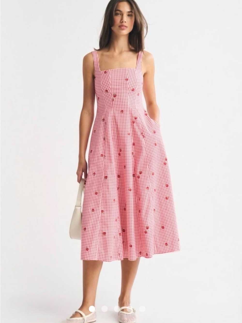 Abercrombie & Fitch Pink Gingham Midi Dress with Red Floral Accents